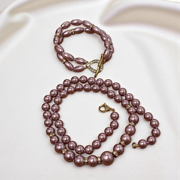 Monet Simulated Pearl Necklace & Bracelet Set Dusky Rose Crystal Gold-Tone Clasp - Picture 10 of 10